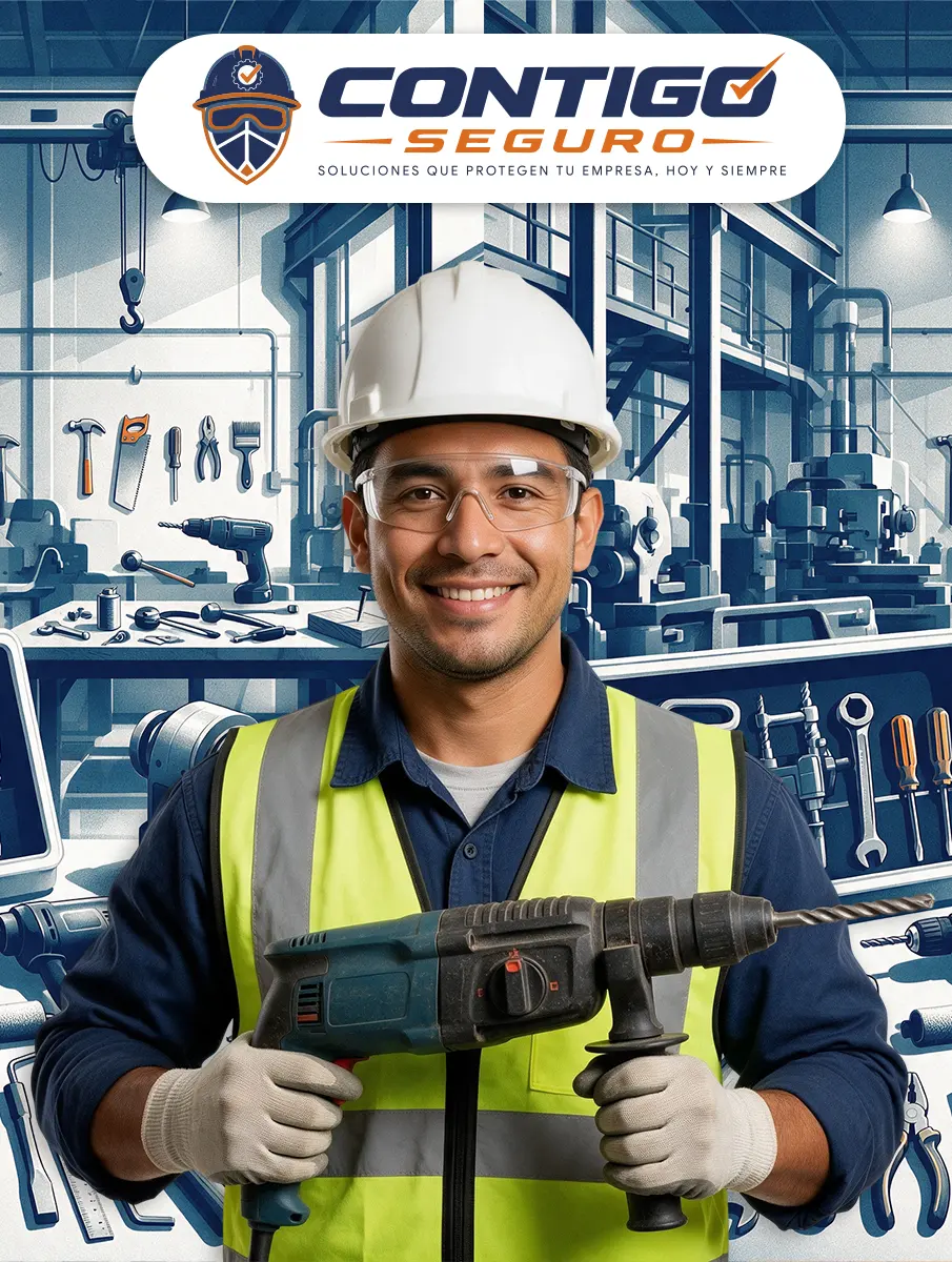 Profesional con equipo de protección y herramienta eléctrica en un taller industrial