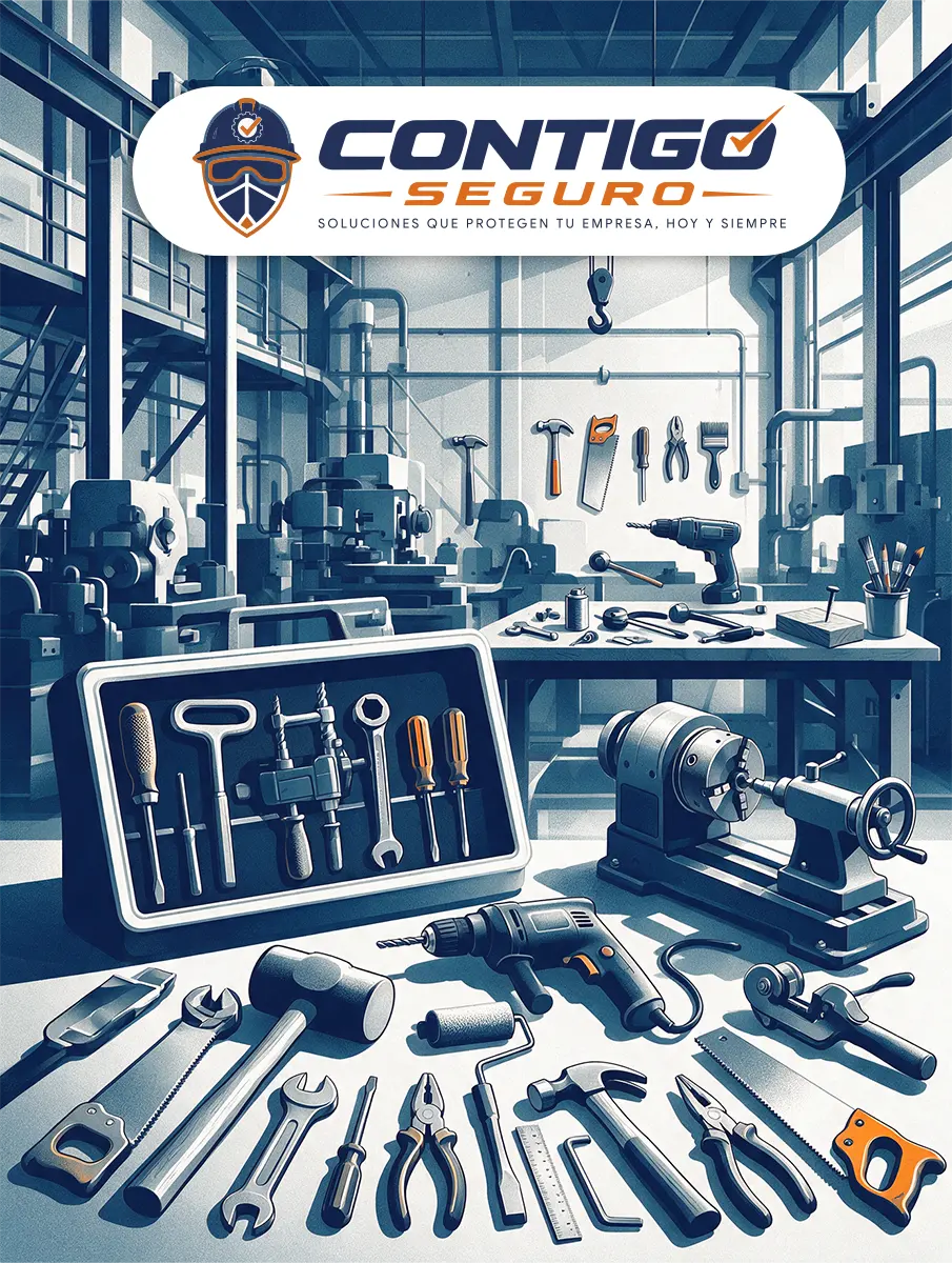 Herramientas y maquinaria en un taller industrial con la marca Contigo Seguro