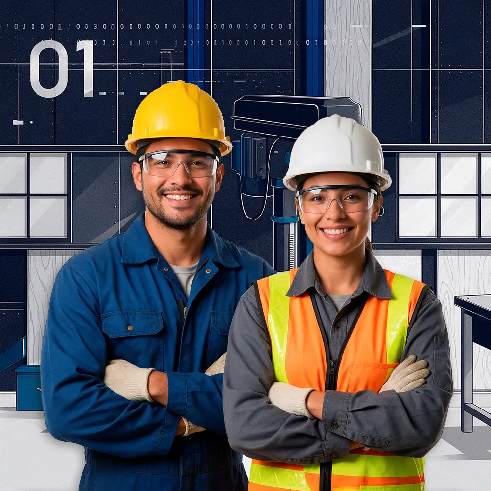 Dos profesionales con cascos y equipo de protección personal en un entorno industrial