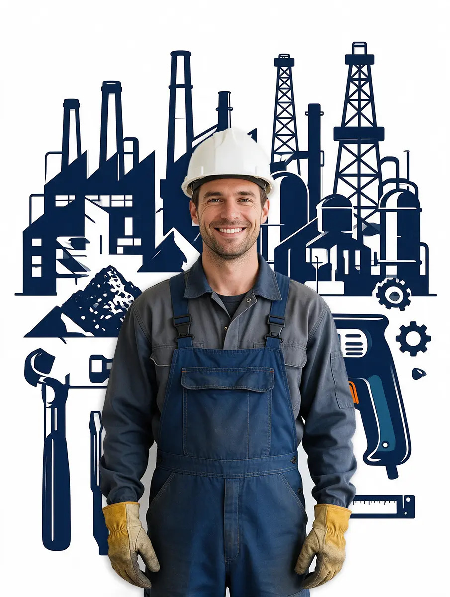 Profesional con casco y ropa de trabajo frente a una ilustración industrial