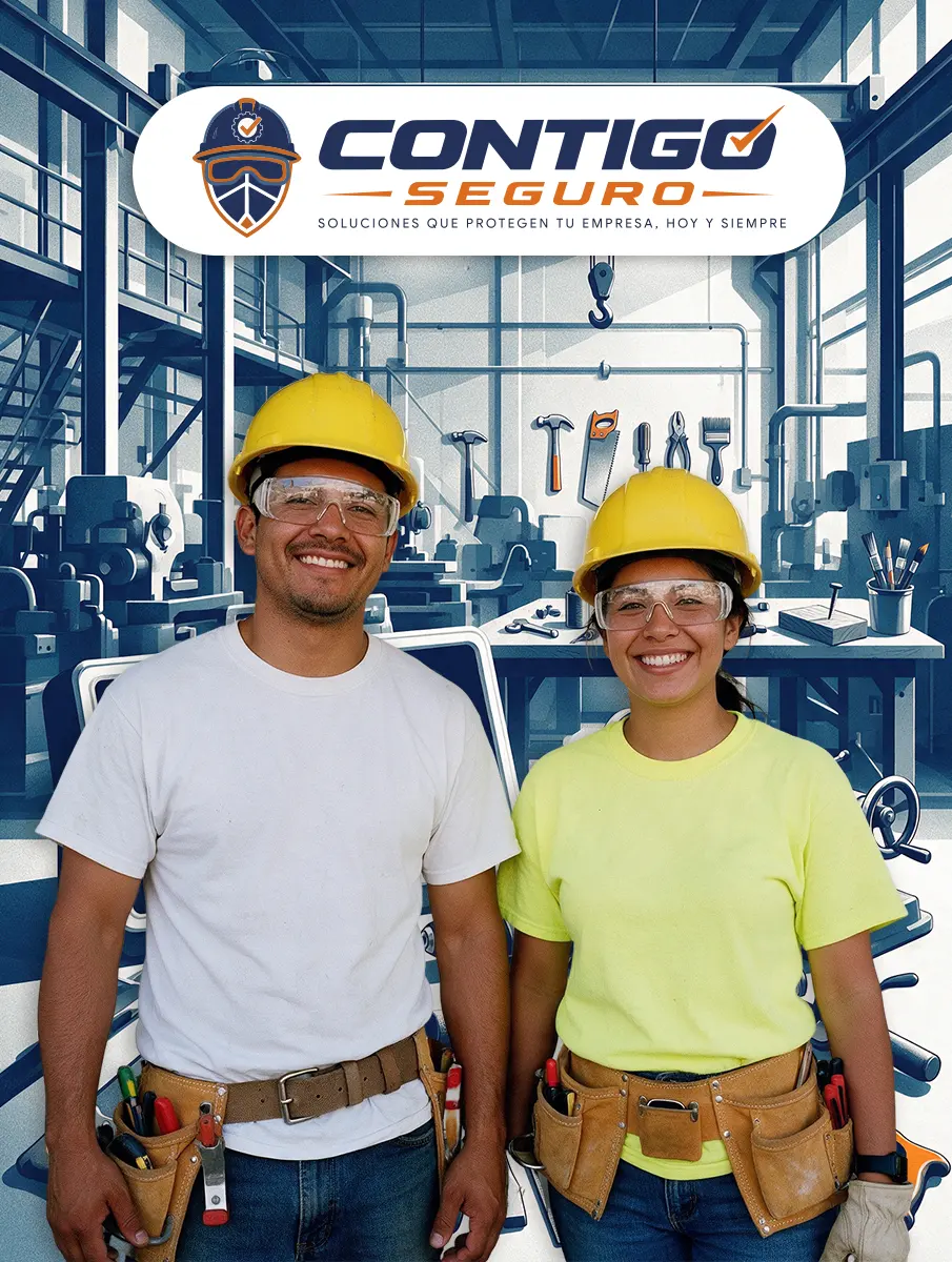 Personal de mantenimiento con cascos y herramientas en un taller industrial