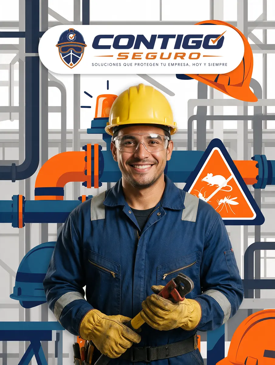 Profesional con casco, guantes y herramienta de mantenimiento
