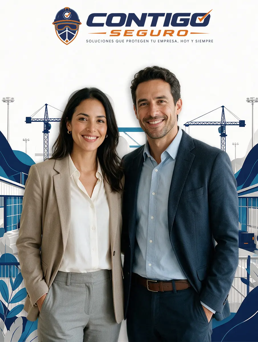 Dos profesionales en un entorno empresarial e industrial con la marca Contigo Seguro