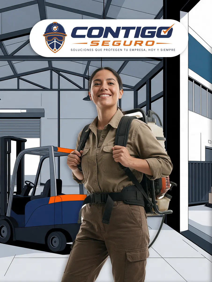 Personal con equipo de fumigación en una instalación industrial